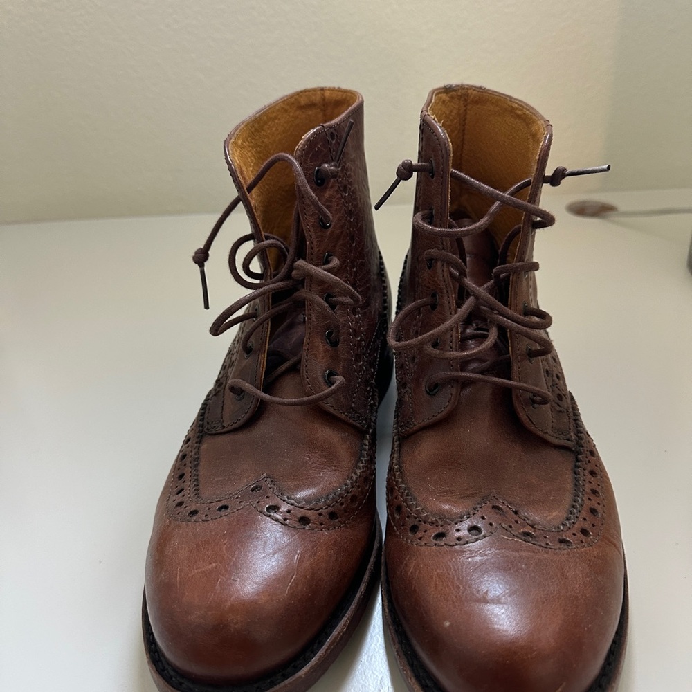 Brown Frye James Wingtip Leather Oxford Boots